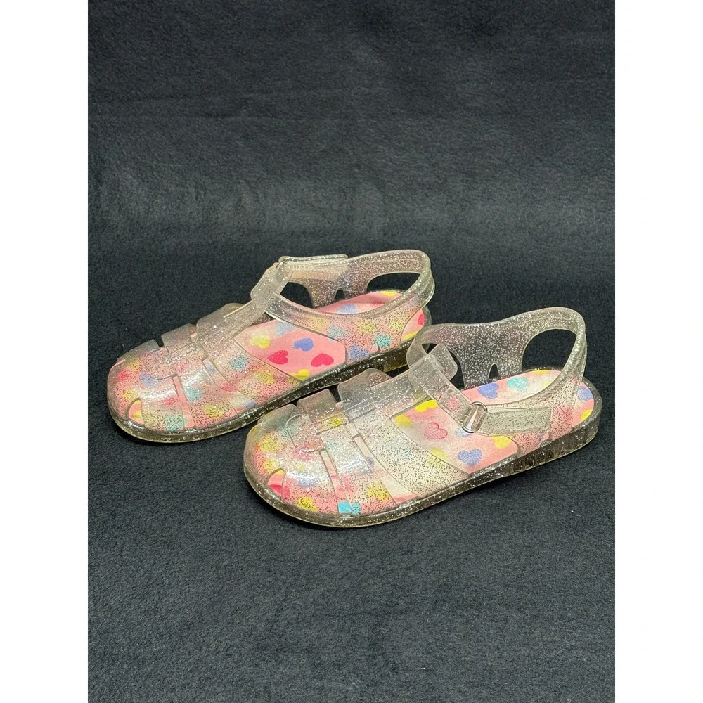 Wonder Nation Girls Clear Glitter Jelly Sandals Heart Print Fisherman Size 11